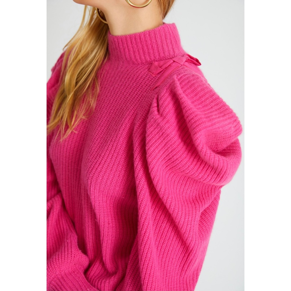 LoveShackFancy 100% Cashmere Potter Pullover Puff Sleeve Bow Detail Pink Sweater - Picture 2 of 11